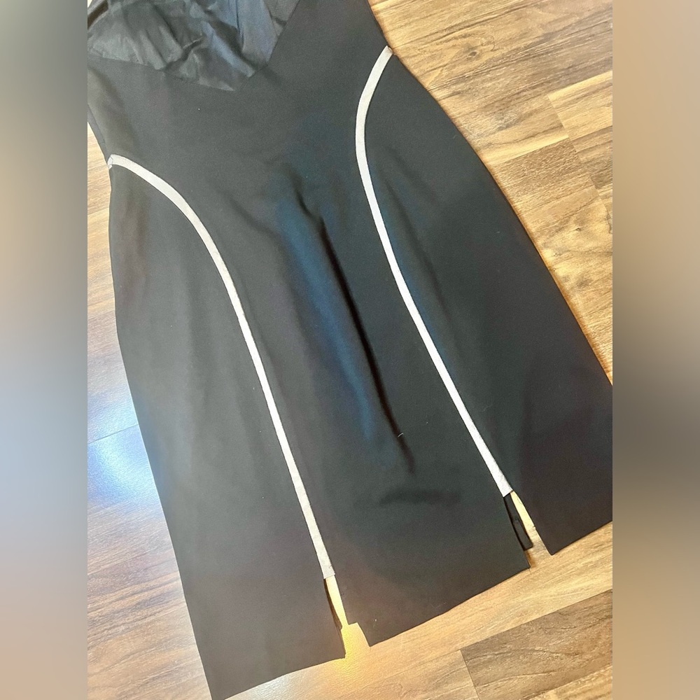 Aidan Mattox Black Midi Dress with sheer panel Trim - Picture 7 of 9